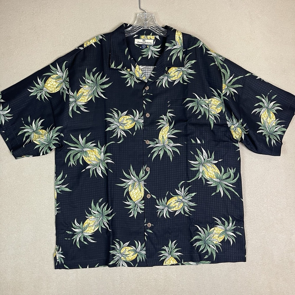 Tommy Bahama Shirt Men XL Short Sleeve Black Pineapple 100% Silk Button Down EUC